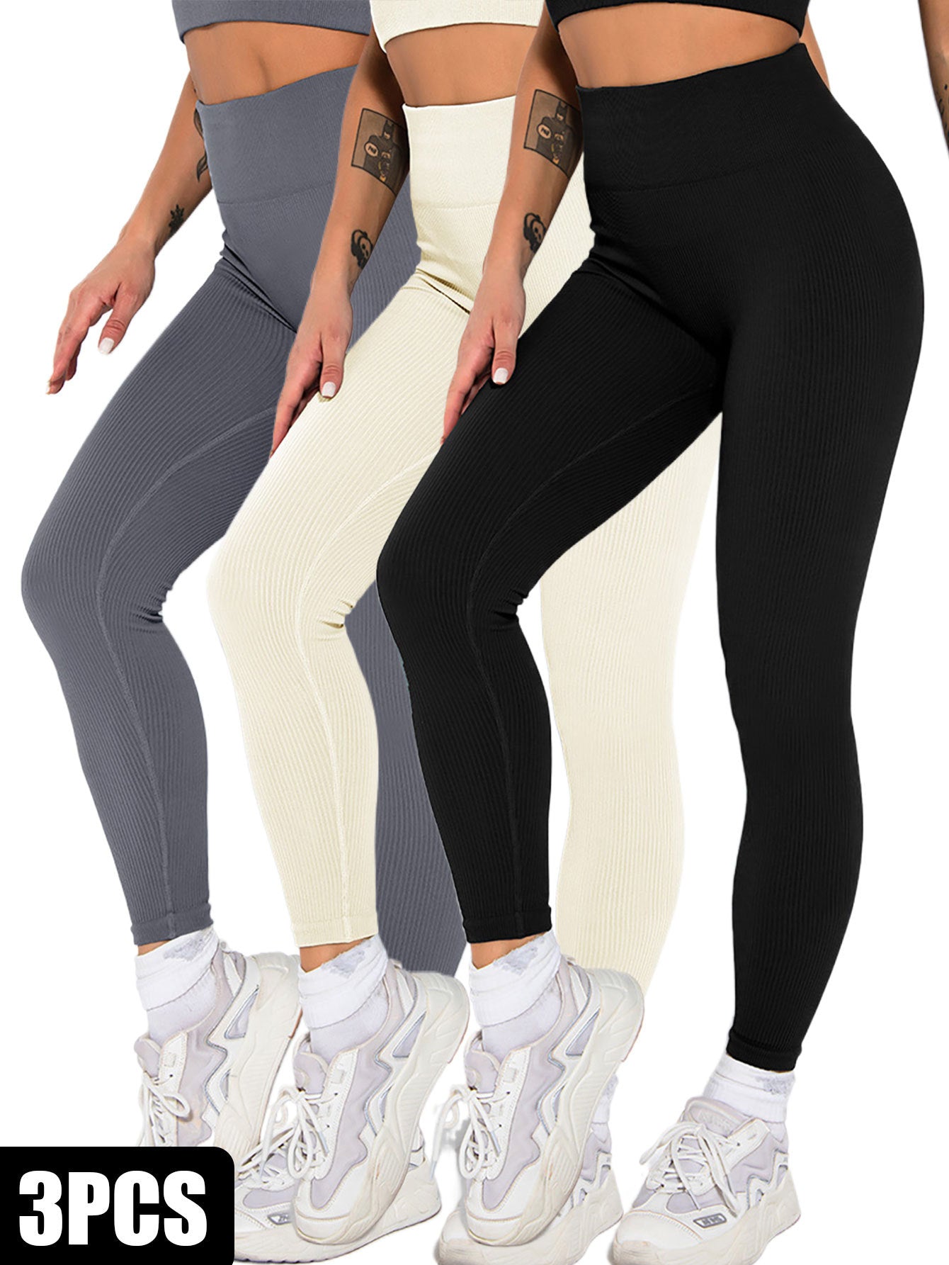 3-Pack Seamless Ribbed Leggings – Soft, Slimming & High-Waisted for Yoga & Fitness!